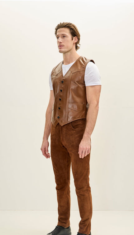 Men's Classic Club Style Leather Vest - Brown - Ron Tomson