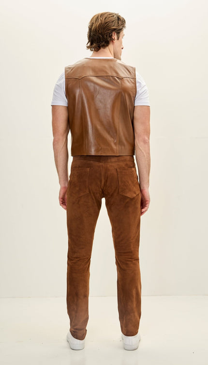 Men's Classic Club Style Leather Vest - Brown - Ron Tomson