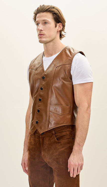 Men's Classic Club Style Leather Vest - Brown - Ron Tomson