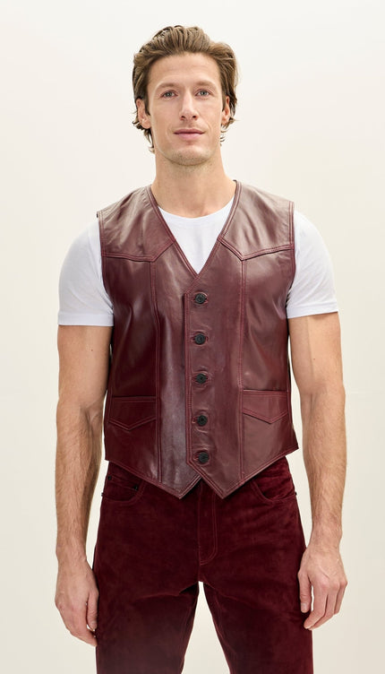 Men's Classic Club Style Leather Vest - Burgundy - Ron Tomson