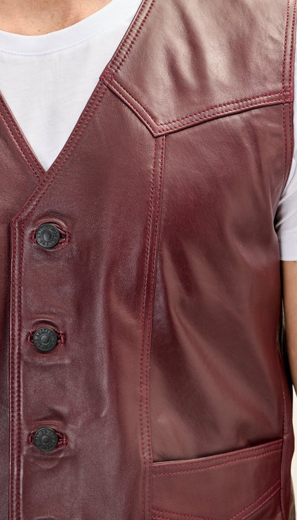 Men's Classic Club Style Leather Vest - Burgundy - Ron Tomson