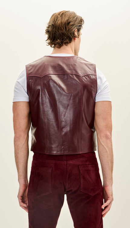 Men's Classic Club Style Leather Vest - Burgundy - Ron Tomson