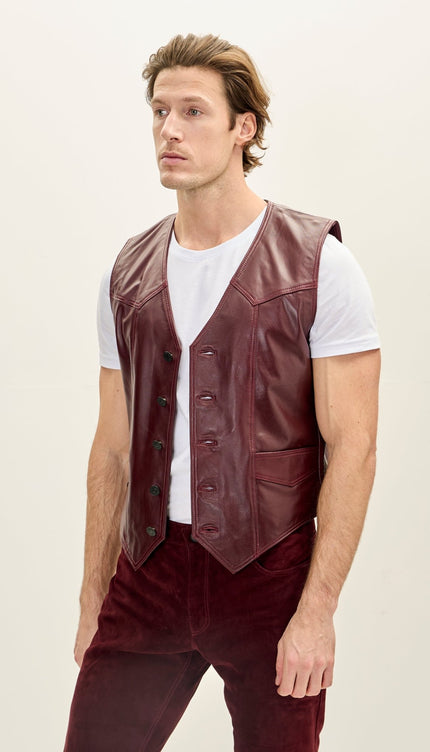 Men's Classic Club Style Leather Vest - Burgundy - Ron Tomson