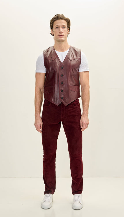 Men's Classic Club Style Leather Vest - Burgundy - Ron Tomson