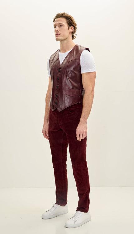 Men's Classic Club Style Leather Vest - Burgundy - Ron Tomson