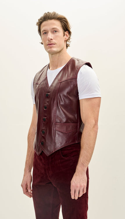 Men's Classic Club Style Leather Vest - Burgundy - Ron Tomson