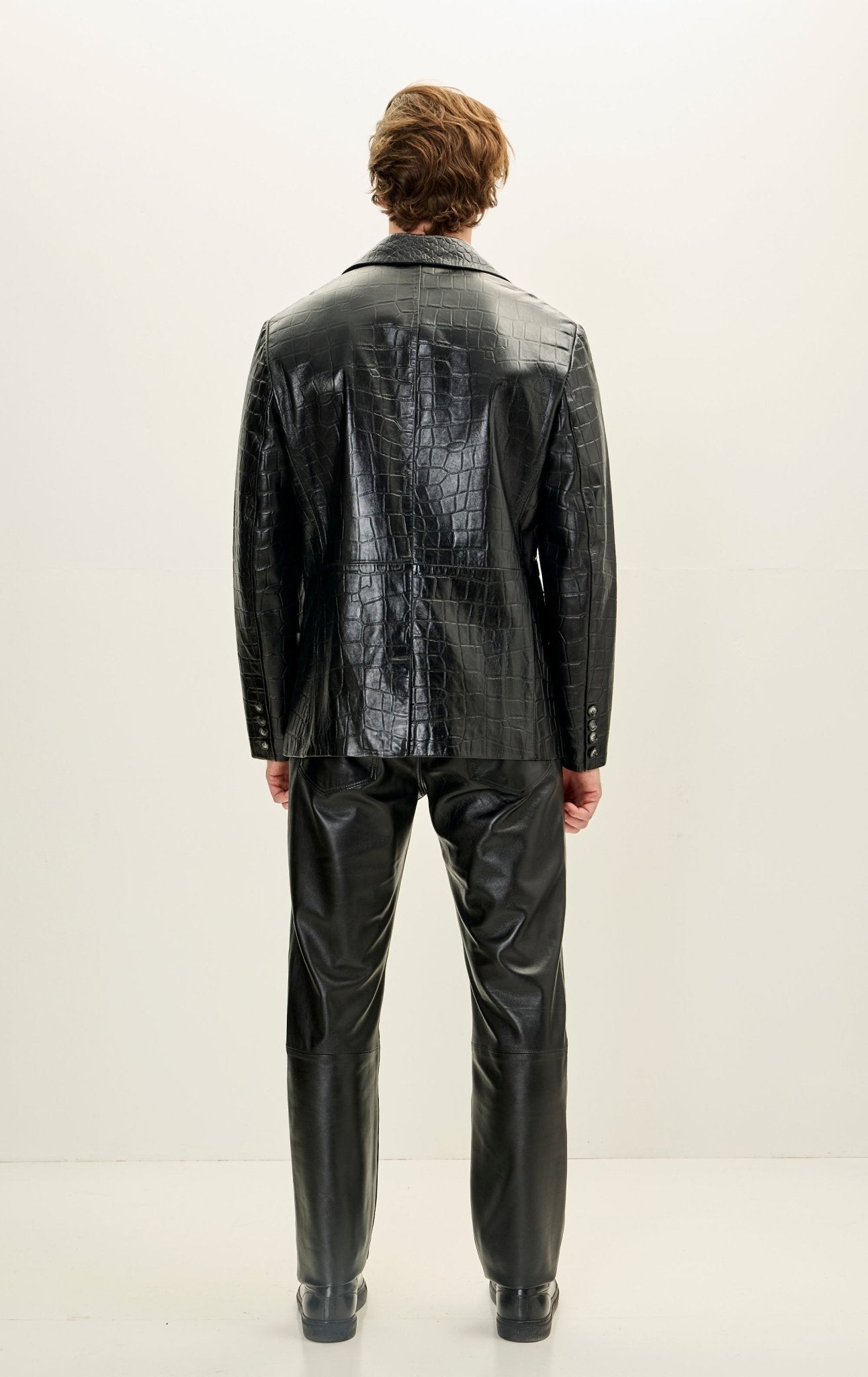 Classic Peak Lapel Leather Blazer Black Embossed - Main Image