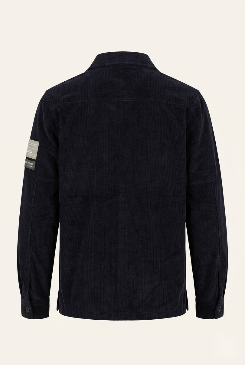 Men's navy corduroy shirt jacket — back view