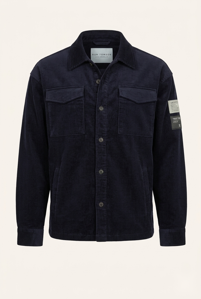 Men's navy corduroy shirt jacket — front view