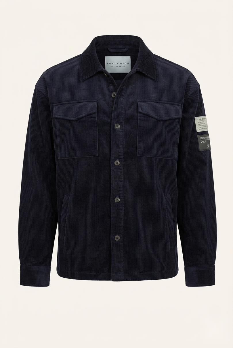 Men's navy corduroy shirt jacket — front view