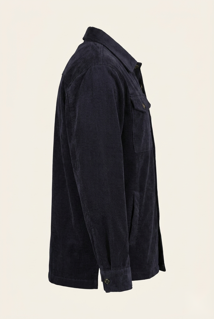 Men's navy corduroy shirt jacket — side profile view