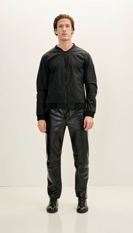 Men's Crystal Embellished Lightweight Bomber Jacket - Black - Ron Tomson