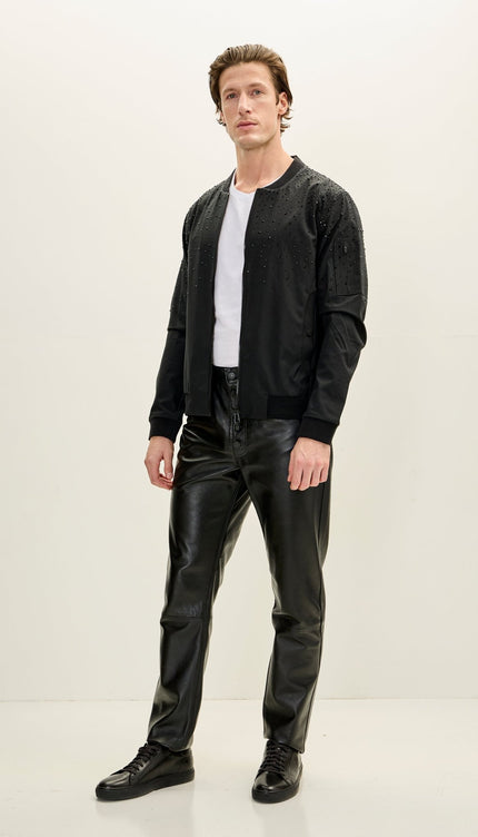 Men's Crystal Embellished Lightweight Bomber Jacket - Black - Ron Tomson