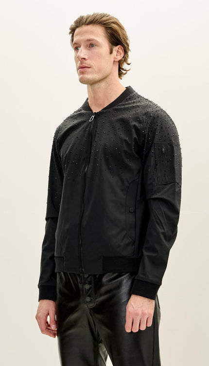 Men's Crystal Embellished Lightweight Bomber Jacket - Black - Ron Tomson