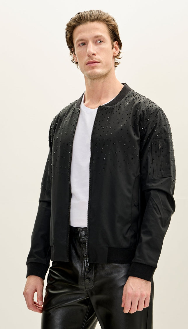 Men's Crystal Embellished Lightweight Bomber Jacket - Black - Ron Tomson