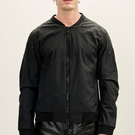 Men's Crystal Embellished Lightweight Bomber Jacket - Black - Ron Tomson