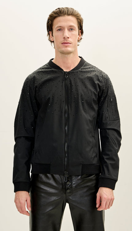 Men's Crystal Embellished Lightweight Bomber Jacket - Black - Ron Tomson