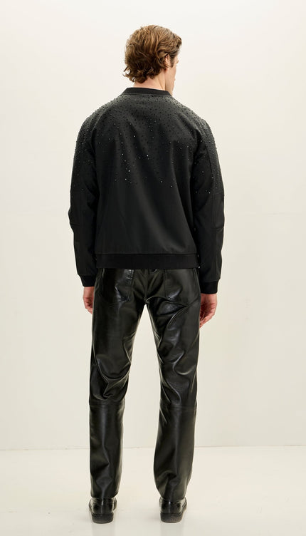 Men's Crystal Embellished Lightweight Bomber Jacket - Black - Ron Tomson