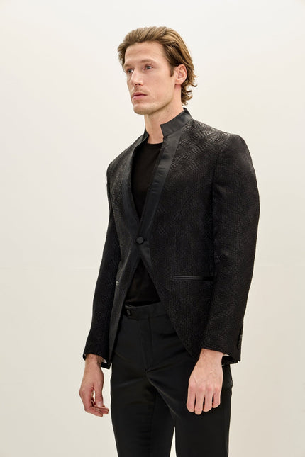 Men's Embellished Satin Mandarin Collar Tuxedo Jacket - Black - Ron Tomson