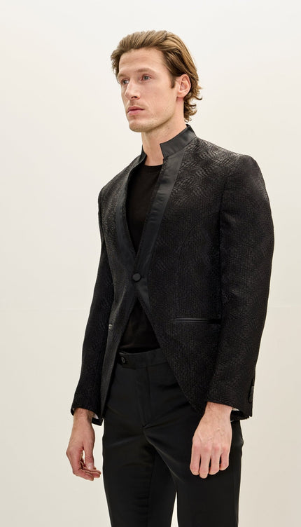 Men's Embellished Satin Mandarin Collar Tuxedo Jacket - Black - Ron Tomson