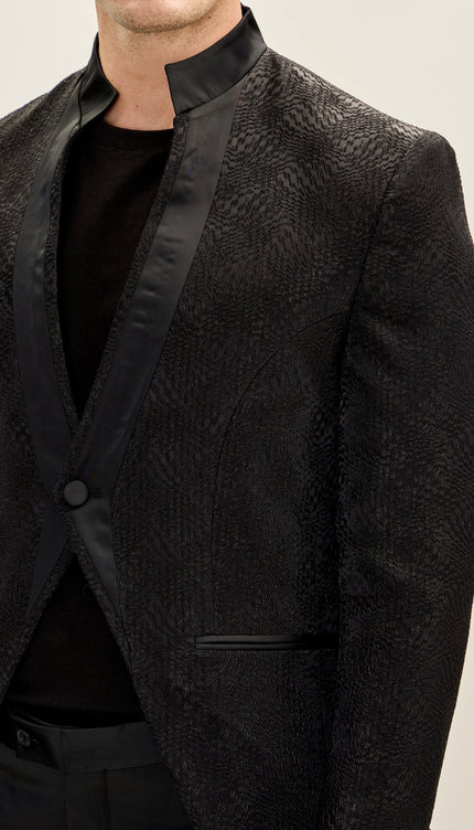 Men's Embellished Satin Mandarin Collar Tuxedo Jacket - Black - Ron Tomson