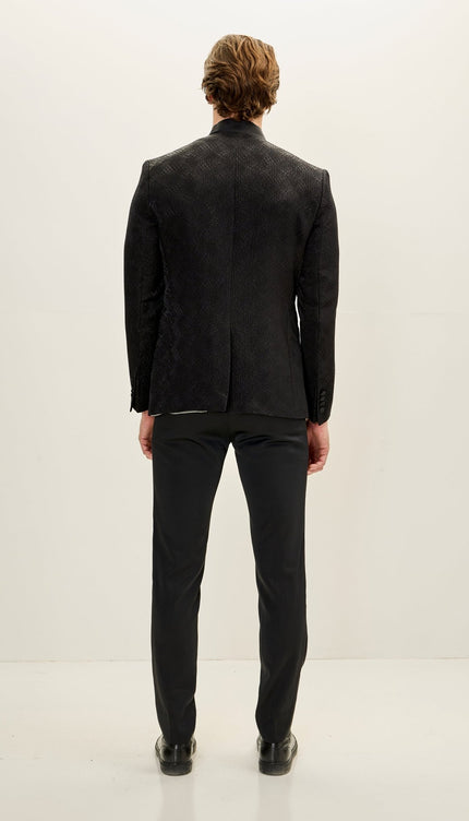 Men's Embellished Satin Mandarin Collar Tuxedo Jacket - Black - Ron Tomson