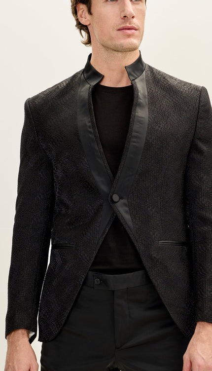 Men's Embellished Satin Mandarin Collar Tuxedo Jacket - Black - Ron Tomson