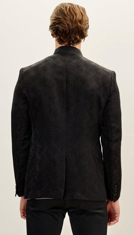 Men's Embellished Satin Mandarin Collar Tuxedo Jacket - Black - Ron Tomson