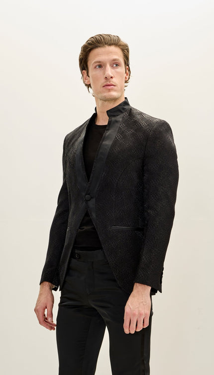 Men's Embellished Satin Mandarin Collar Tuxedo Jacket - Black - Ron Tomson