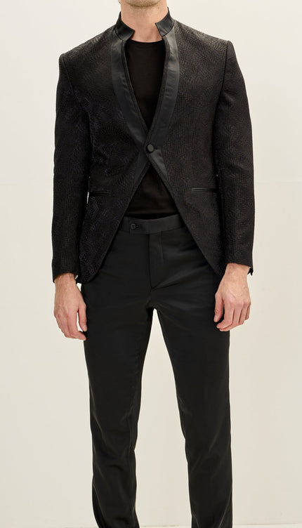 Men's Embellished Satin Mandarin Collar Tuxedo Jacket - Black - Ron Tomson