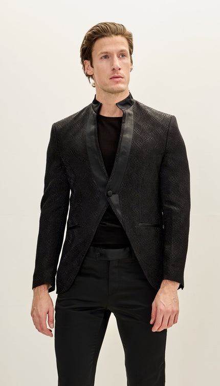 Men's Embellished Satin Mandarin Collar Tuxedo Jacket - Black - Ron Tomson