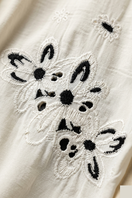 Men's Embroidered Short Sleeve Shirt - Ecru - Detail - Ron Tomson