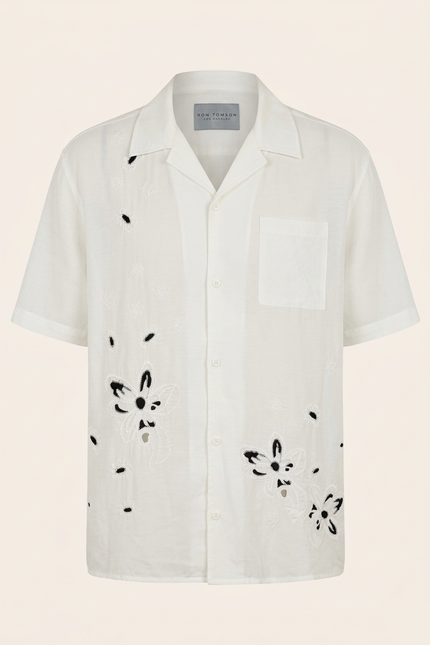 Men's Embroidered Short Sleeve Shirt - Ecru - Ron Tomson