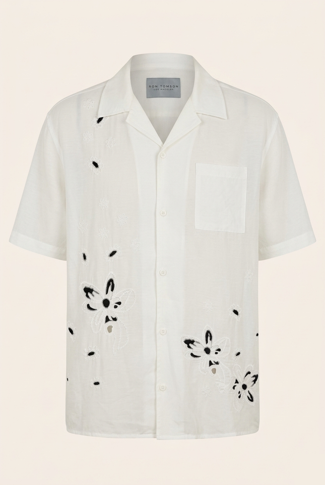 Men's Embroidered Short Sleeve Shirt - Ecru - Ron Tomson