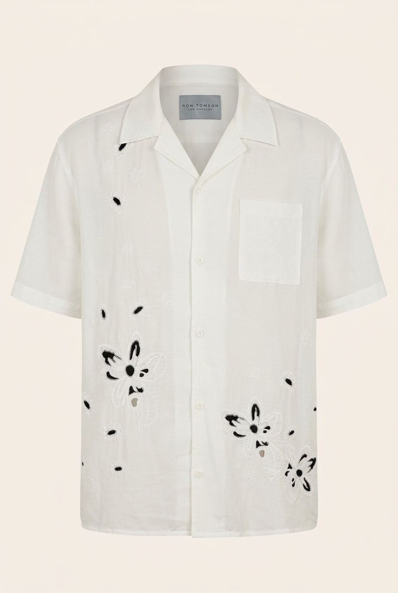 Men's Embroidered Short Sleeve Shirt - Ecru - Ron Tomson