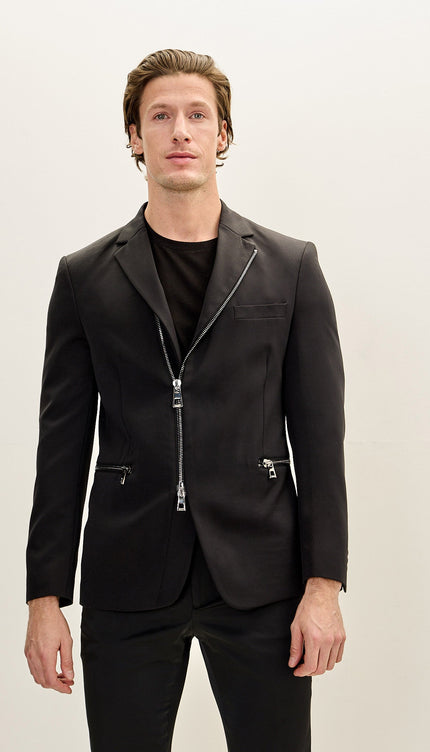 Men's Everyday Two Way Zipper Blazer - Black - Ron Tomson