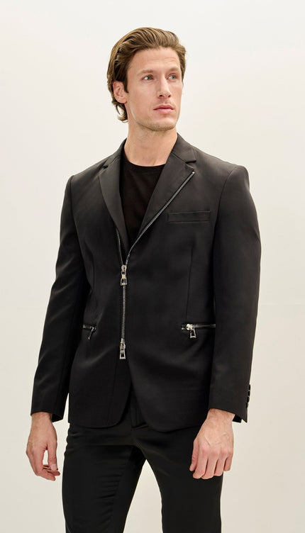 Men's Everyday Two Way Zipper Blazer - Black - Ron Tomson