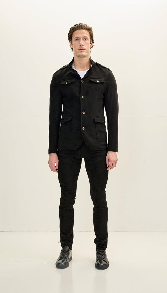 Men's Faux Suede Safari Jacket - Black - Ron Tomson
