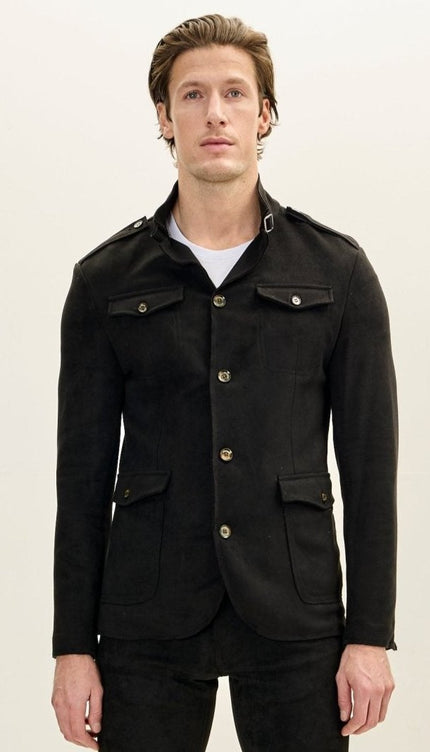 Men's Faux Suede Safari Jacket - Black - Ron Tomson