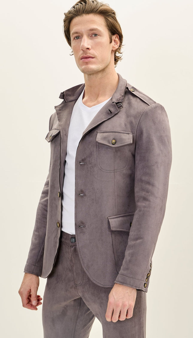 Men's Faux Suede Safari Jacket - Grey - Ron Tomson