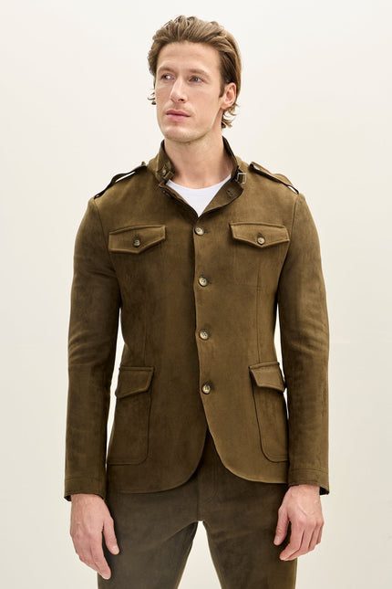 Men's Faux Suede Safari Jacket - Khaki - Ron Tomson