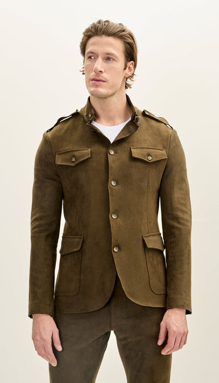 Men's Faux Suede Safari Jacket - Khaki - Ron Tomson