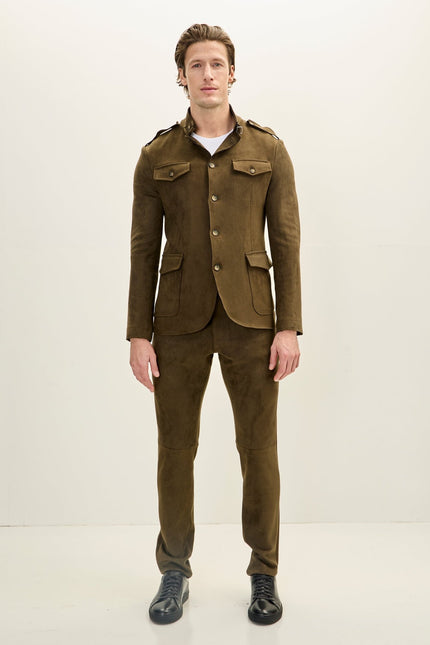 Men's Faux Suede Safari Jacket - Khaki - Ron Tomson