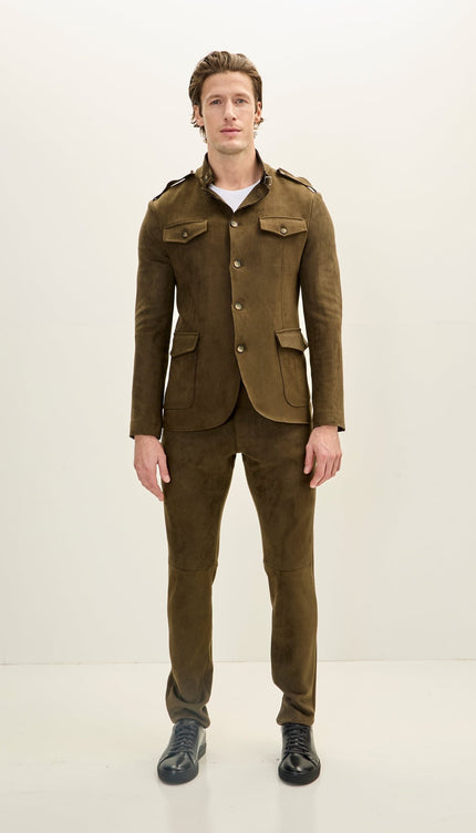 Men's Faux Suede Safari Jacket - Khaki - Ron Tomson