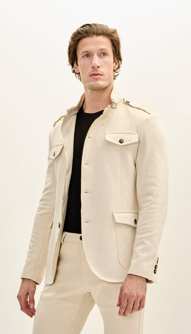 Men's Faux Suede Safari Jacket - Off White - Ron Tomson