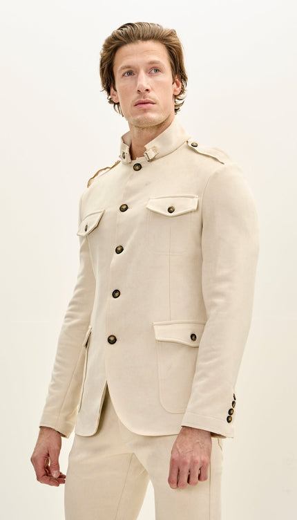 Men's Faux Suede Safari Jacket - Off White - Ron Tomson