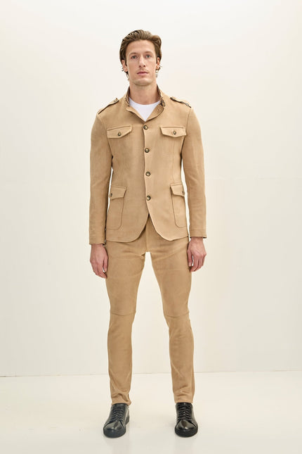 Men's Faux Suede Safari Jacket - Stone - Ron Tomson