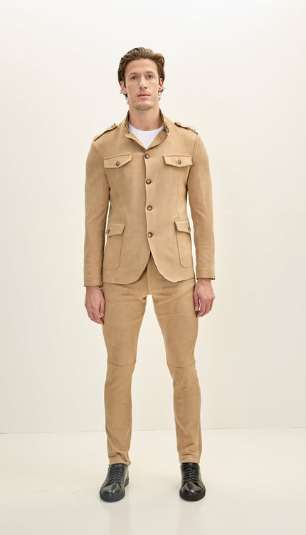 Men's Faux Suede Safari Jacket - Stone - Ron Tomson