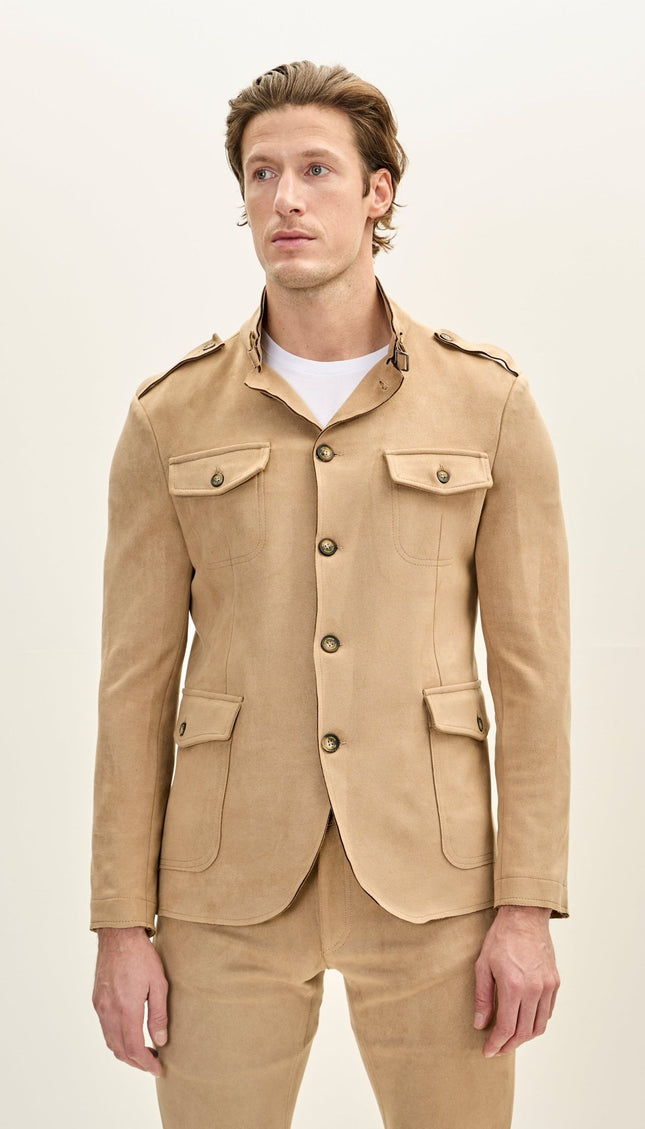 Men's Faux Suede Safari Jacket - Stone - Ron Tomson