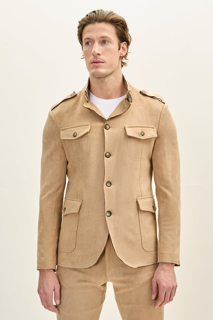 Men's Faux Suede Safari Jacket - Stone - Ron Tomson